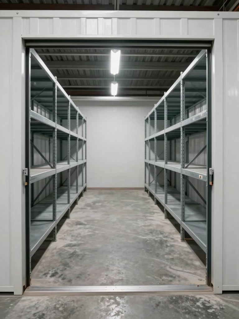 Wide straight-on interior of an open self-storage unit in a Dubai warehouse, metal shelving units lining both sides, concrete floor, bright practical overhead lighting, unit door fully open, no staging or personal items — clean and ready for move-in