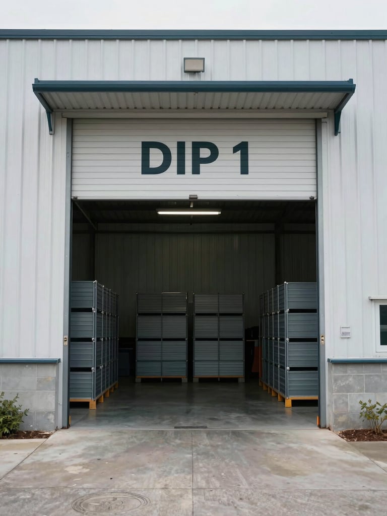 Straight-on exterior view of the DIP 1 warehouse building entrance, a large rolling shutter door open revealing stacked units inside, overcast daylight, concrete ground and metal cladding, no people, documentary framing