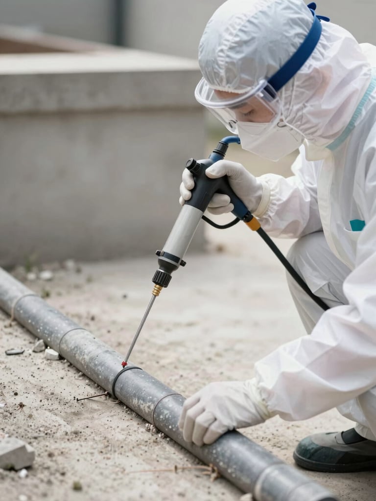 Professional certified pest control technician in sterile uniform injecting chemical barrier into concrete foundation using precise pressure equipment, bright day lighting, close-up on nozzle