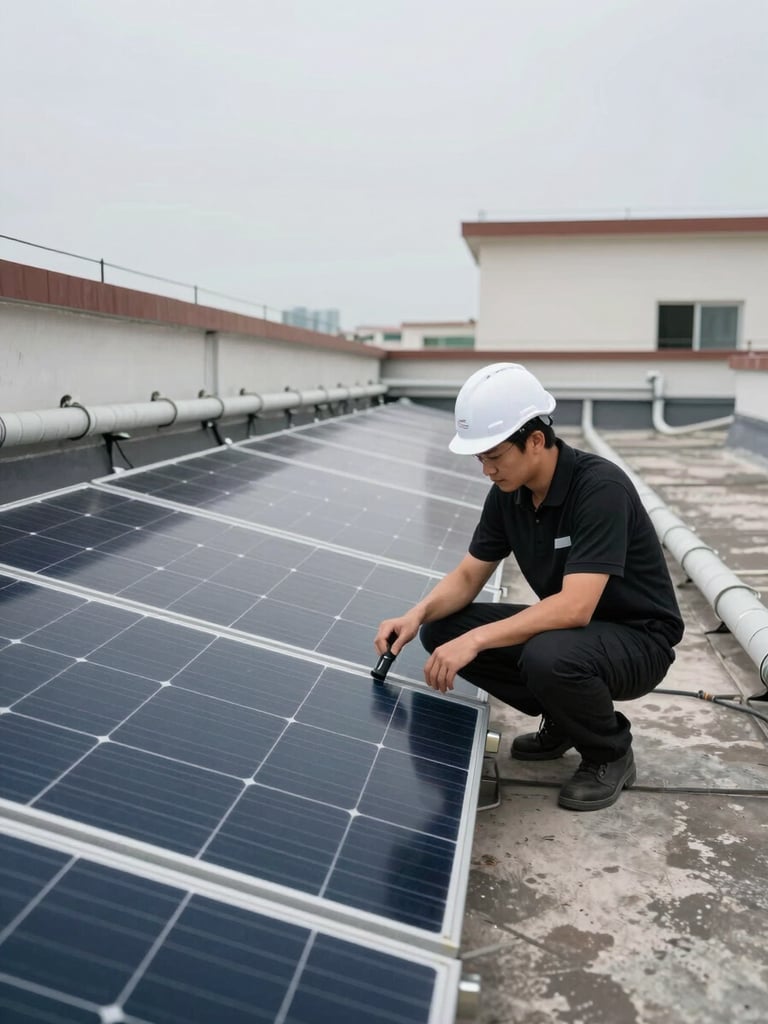 Wide interior shot of a residential building rooftop, technician in black polo and white hard hat crouching beside a newly installed solar panel array, electrical conduit runs organized along parapet wall, overcast practical daylight, no dramatic shadows