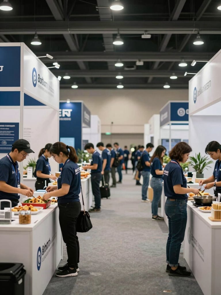 Wide environmental shot of a corporate expo hall mid-setup, a coordinated team in matching attire positioning catering stations and branded signage along a prepared aisle, soft tungsten light from overhead rigs, no faces in focus, depth of field showing the full operational scale of the space
