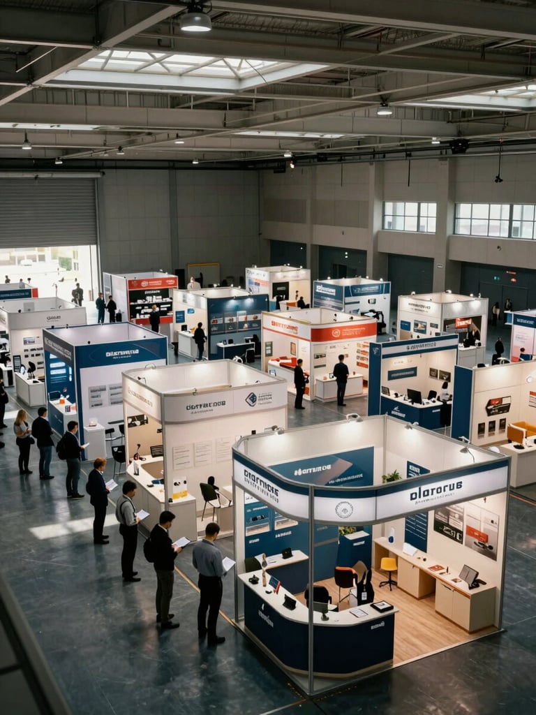 Wide shot of an expo hall before doors open, rows of branded exhibition stands fully dressed and aligned, a small coordination team reviewing clipboards in the foreground left, daylight through skylights casting even light across the floor, documentary framing with no posed subjects