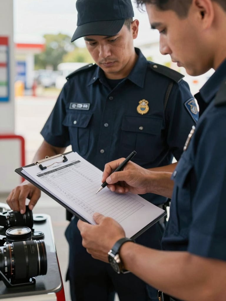 Close environmental shot of two uniformed event staff coordinating near a service station, one pointing at a checklist clipboard, the other adjusting equipment, soft daylight from a nearby window, tight focus on their hands and the materials, no faces in close-up, documentary framing