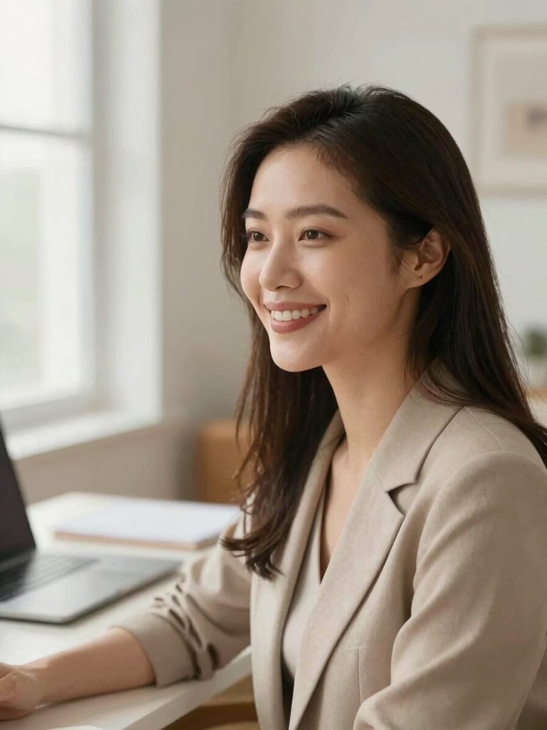 Close-up of a professional woman smiling in a bright home office, soft natural daylight, minimalist and clean aesthetic, warm earth tones