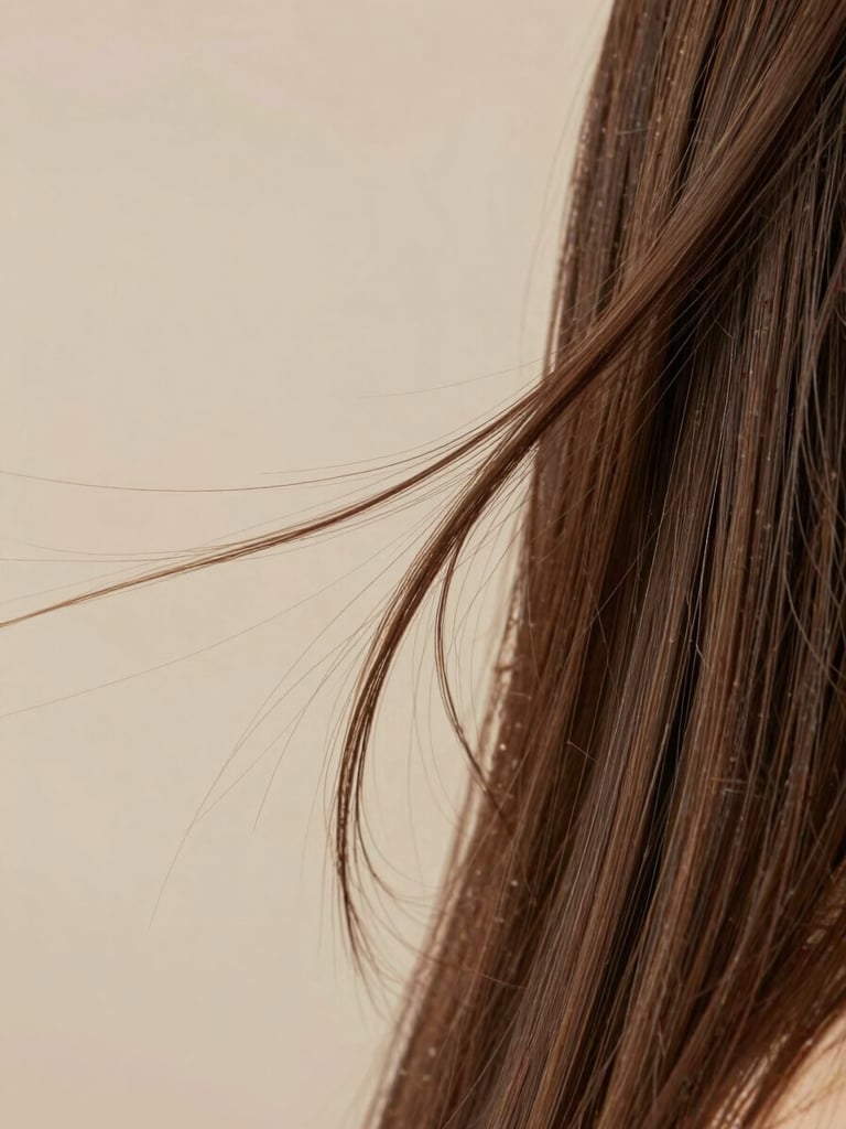 Close-up of healthy, glowing hair strands moving in soft natural daylight, warm neutral tones, shallow depth of field