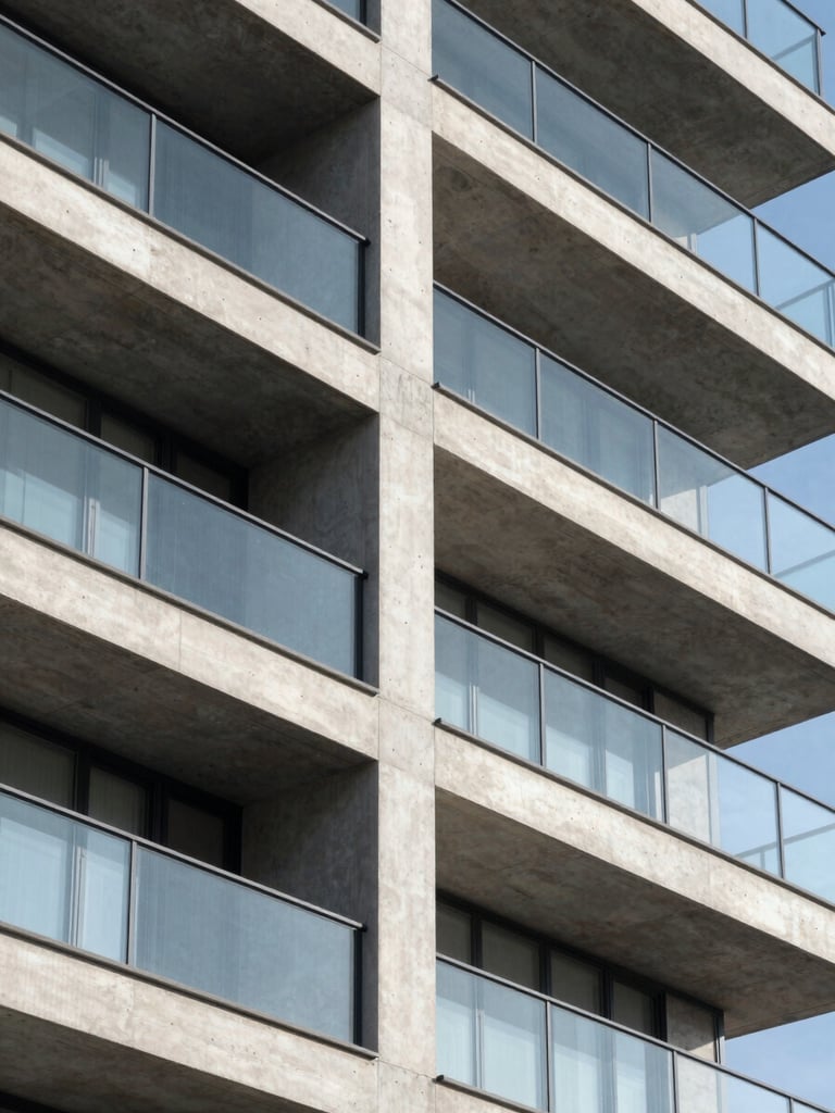 Sharp architectural close-up of a modern concrete and glass residential building, clean geometric lines, bright daylight, high contrast, minimalist composition.