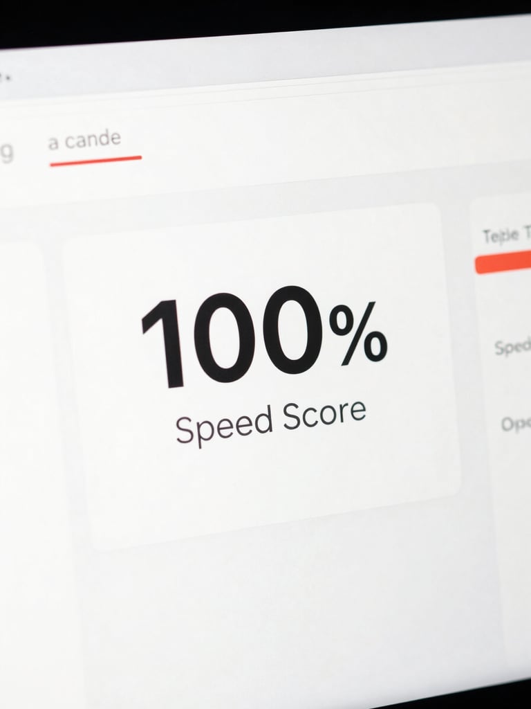 Macro straight-on shot of clean website performance dashboard UI, displaying 100% speed score, slate and white tones with soft crimson accents, bright studio lighting