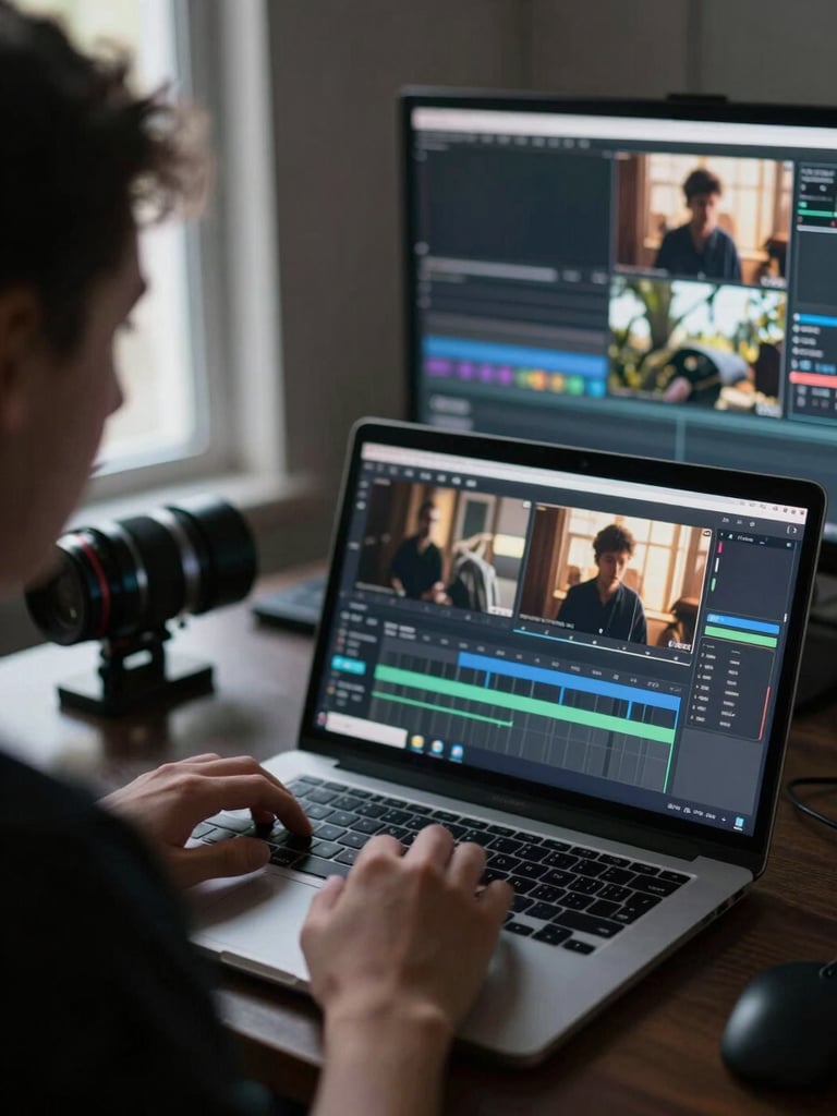 Close-up over-the-shoulder shot of a young filmmaker reviewing footage on a laptop in a darkened editing suite, hands resting on keyboard, screen light illuminating their face, film stills visible on the monitor, natural ambient light from a narrow window at left