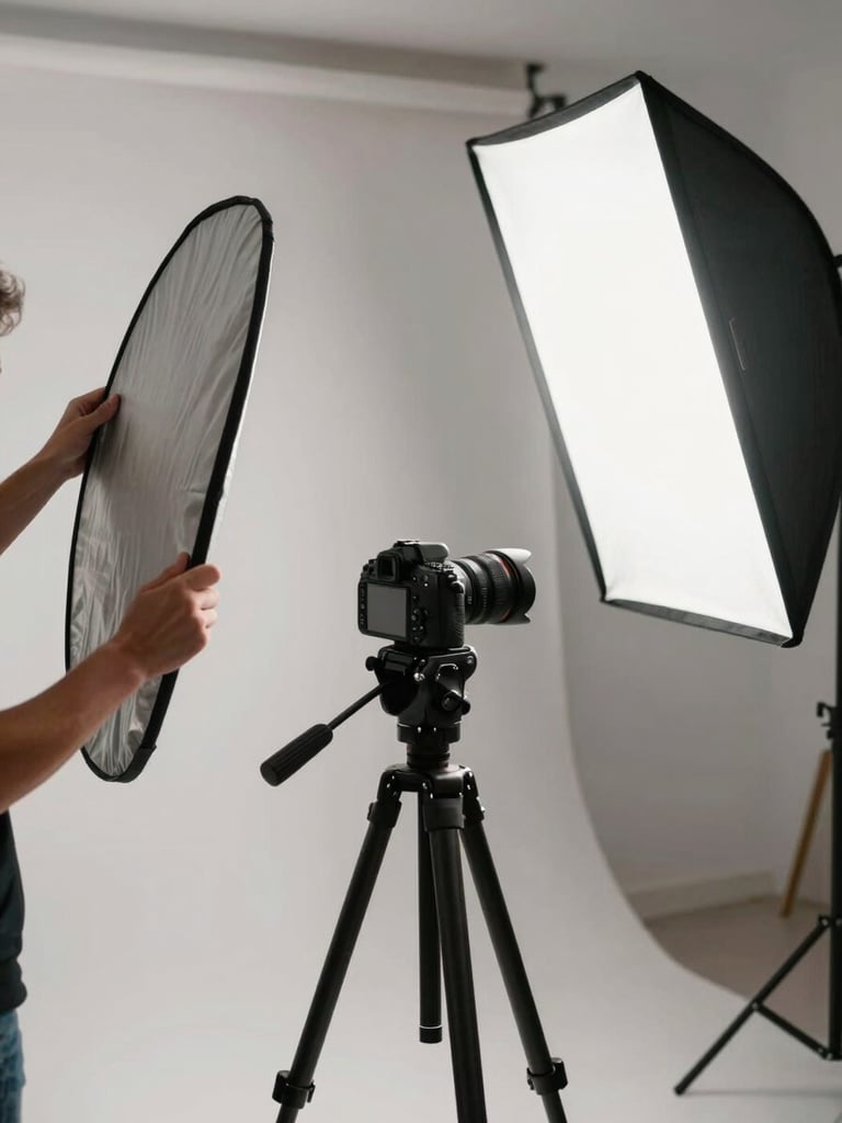 Wide environmental portrait setup — camera on a tripod in a spare, naturally lit studio, white walls, a single softbox casting clean directional light onto a bare product surface, hands adjusting a reflector at frame left, quiet precision