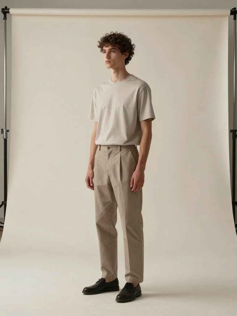Wide editorial studio frame, a model in neutral tones standing against a pale cream backdrop, single key light from the left casting a precise soft shadow, generous negative space to the right, shot from eye level