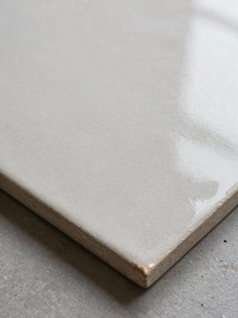 Extreme close-up of large-format porcelain tile surface under studio strobe light, pale concrete texture with fine grain visible, cool north-facing shadow relief revealing depth of glaze, one tile edge sharp in foreground