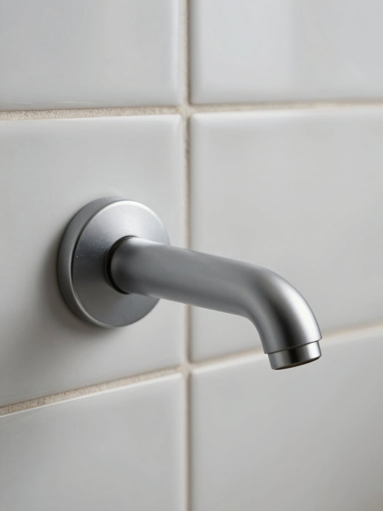 Close-up architectural detail of a wall-mounted matte chrome faucet against large-format porcelain wall tiles, studio strobe lighting revealing precise surface texture of both the faucet finish and the tile glaze, no hands, no people, extreme foreground sharpness