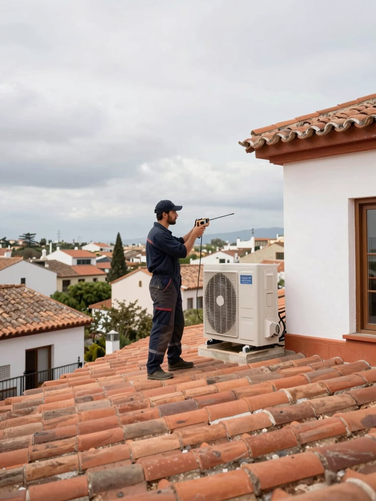 Wide environmental shot, technician in work clothes standing on a flat terracotta-tiled rooftop of a Spanish residential villa, holding a measurement device pointed at an HVAC unit, overcast natural daylight, horizon line low, surrounding neighbourhood visible in soft background