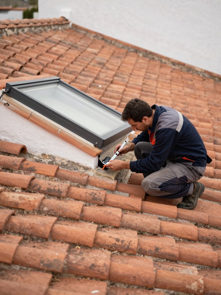 Close-up overhead shot on a flat terracotta rooftop of a Spanish villa — a technician in work clothes crouches to inspect the junction between the roof parapet and a skylight frame, holding a measuring instrument, overcast daylight, the textured ceramic surface filling the foreground and a glimpse of an adjacent white rendered wall visible at the top edge