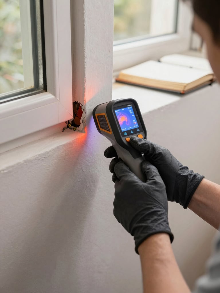 Close-up framing of a technician's gloved hands pressing a thermal imaging camera against the junction of a wall and a window frame inside a Spanish residential home, natural north-facing daylight illuminating faint temperature gradients on the plaster, a worn field notebook visible on the windowsill in soft focus behind