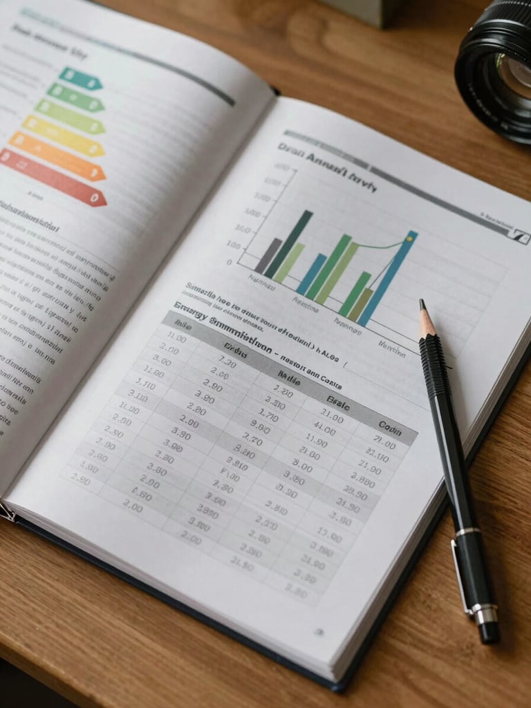 Close-up overhead shot of an open energy efficiency report on a wooden desk under warm tungsten light — two pages visible showing hand-annotated calculations, a bar chart of annual consumption figures, and a table with cost estimates written in clear numerals; a mechanical pencil rests diagonally across the lower right corner of the pages