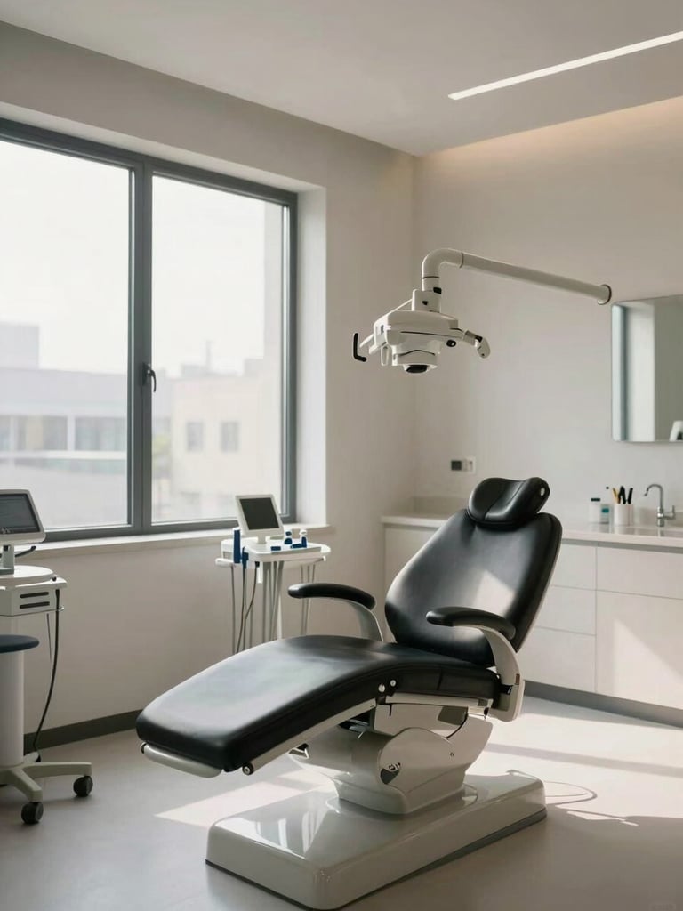 Wide panoramic view of a modern aesthetic clinic treatment room, empty treatment chair, natural daylight from large window on the left, minimal equipment visible, calm and clinical atmosphere