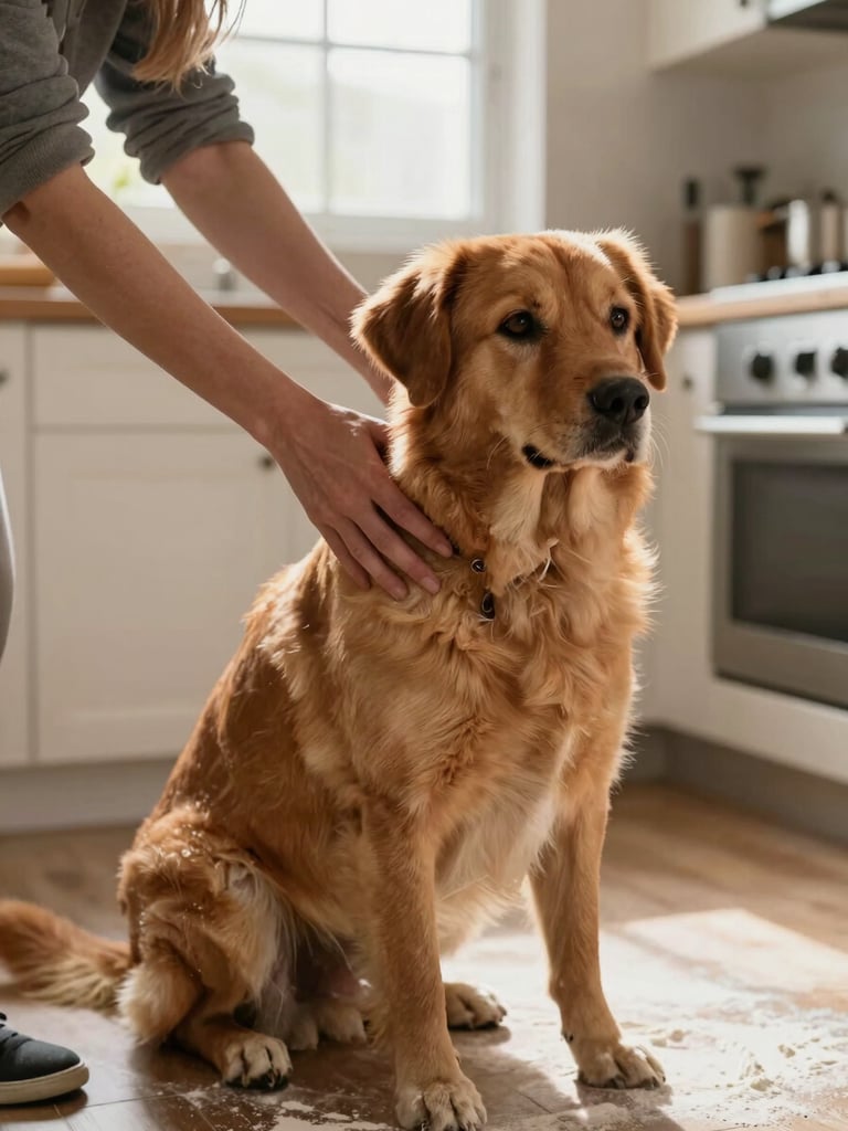 Close-up medium shot of a woman's hands guiding a golden-brown dog into a sit position on a kitchen floor, warm afternoon window light, flour on the counter visible in background suggesting a real home, dog's eyes attentive and calm