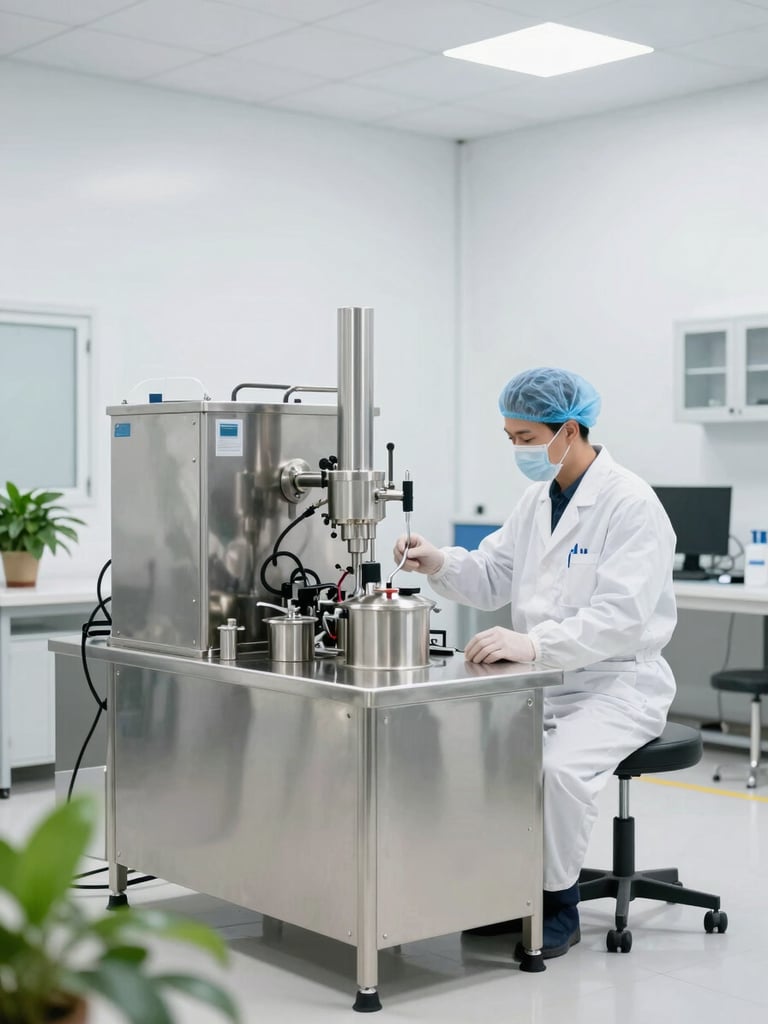 Inside a modern, pristine manufacturing facility, stainless steel equipment, clean white walls, focused technician in protective gear, bright diffused daylight
