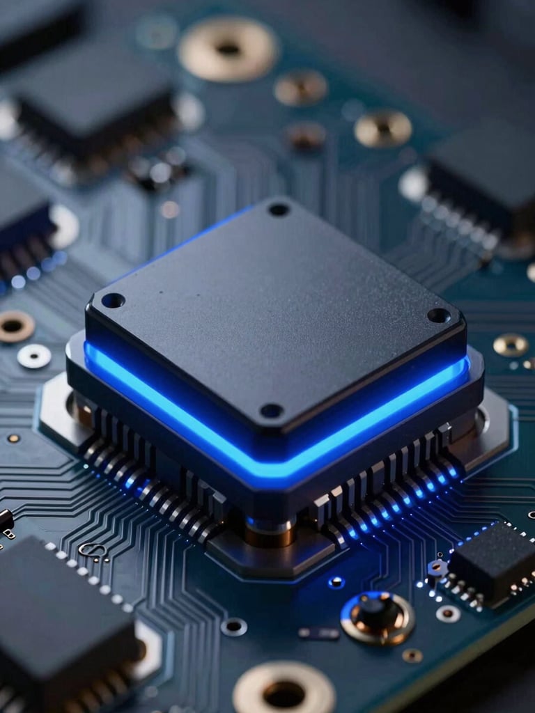 Macro shot of a high-performance optical sensor mounted on a custom circuit board, dramatic blue rim lighting, cool-toned studio setting