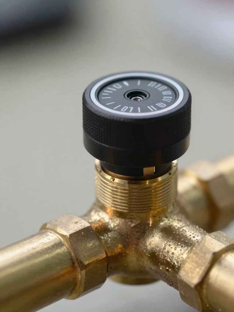 Macro shot of a high-tech acoustic leak detection sensor placed on a clean brass pipe fitting, sharp focus, technical utility lighting