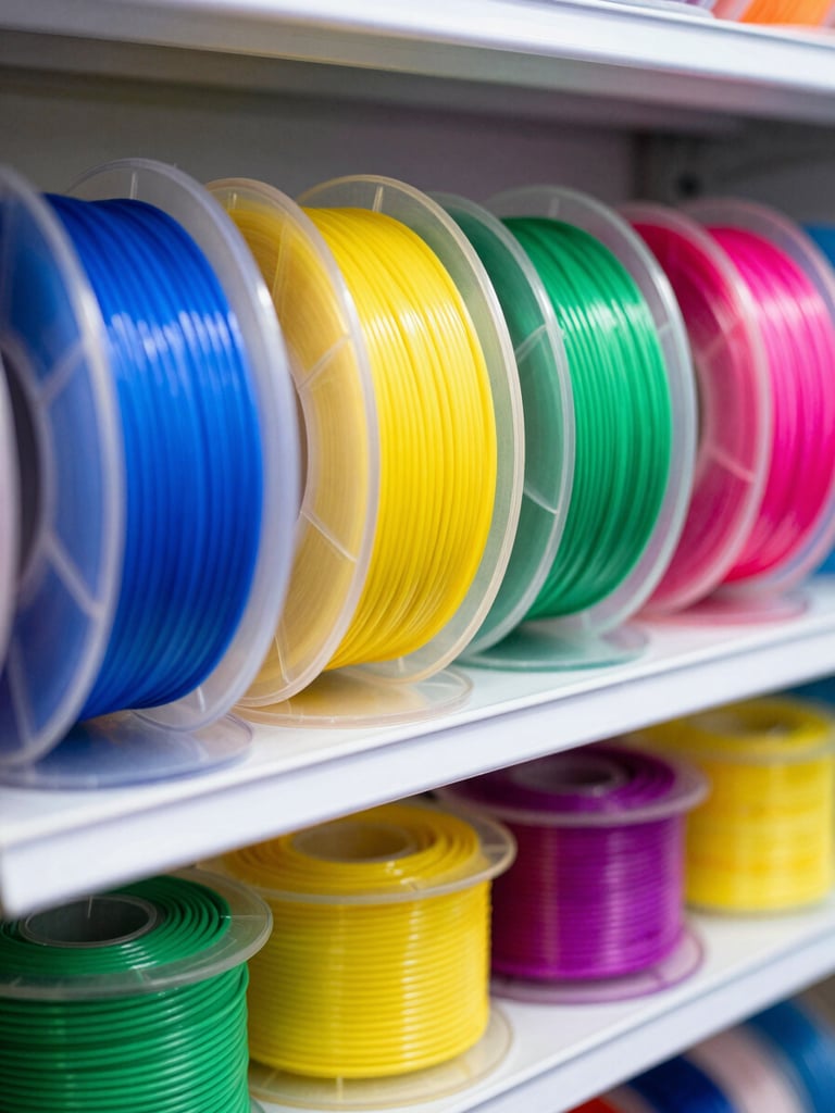 Vibrant macro shot of colorful PLA filament spools on a shelf, neon rim lighting, sharp details, shallow depth of field