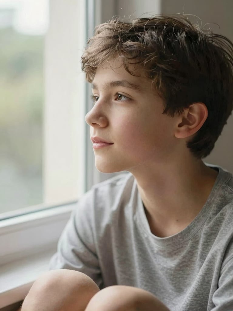 Close-up of a calm teenager sitting on a window sill, looking out with a peaceful expression, warm natural daylight, soft focus background