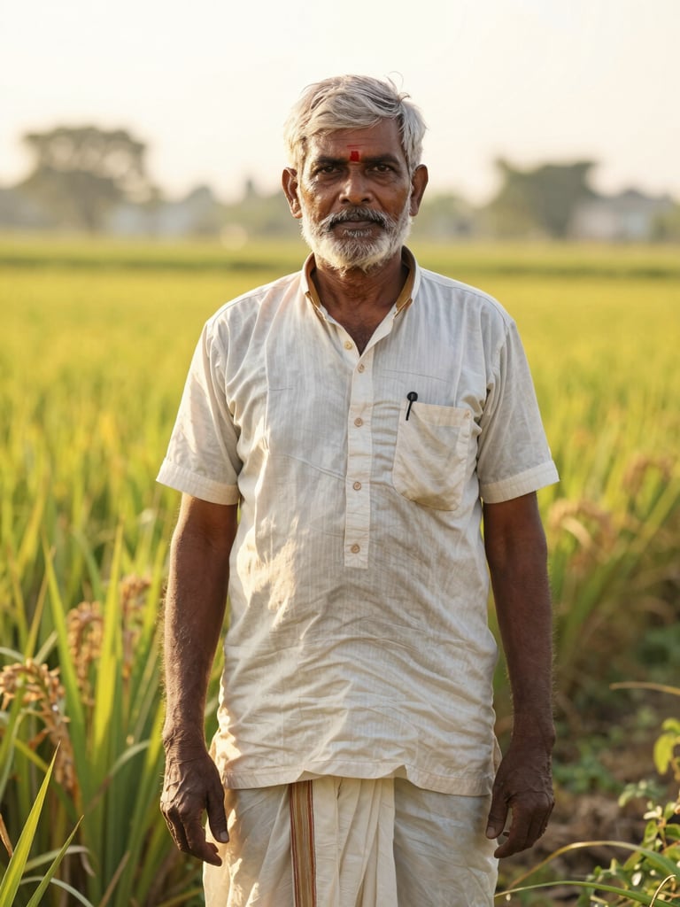 A dignified Indian farmer standing in a sun-drenched multi-crop field, looking directly into the lens, warm low-angle sunlight.