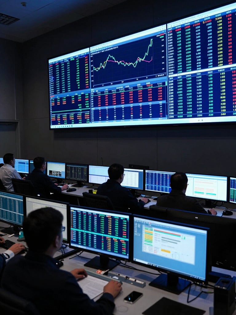 Wide panoramic view of an institutional trading operations center, multiple large screens displaying live price charts and order book data, cool blue and cyan ambient light from monitors illuminating the dark room, no human faces visible, high contrast between glowing screens and dark surroundings
