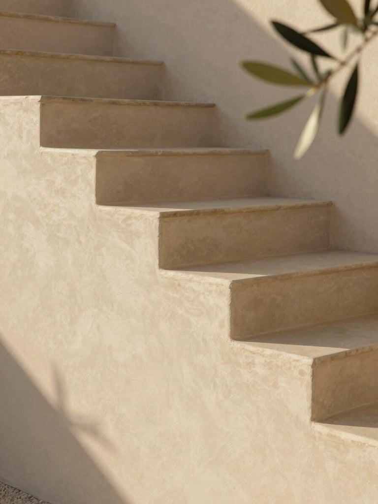Close-up of three stone steps of a minimalist Mediterranean staircase in warm afternoon sunlight, clean lines, serene atmosphere, editorial photography