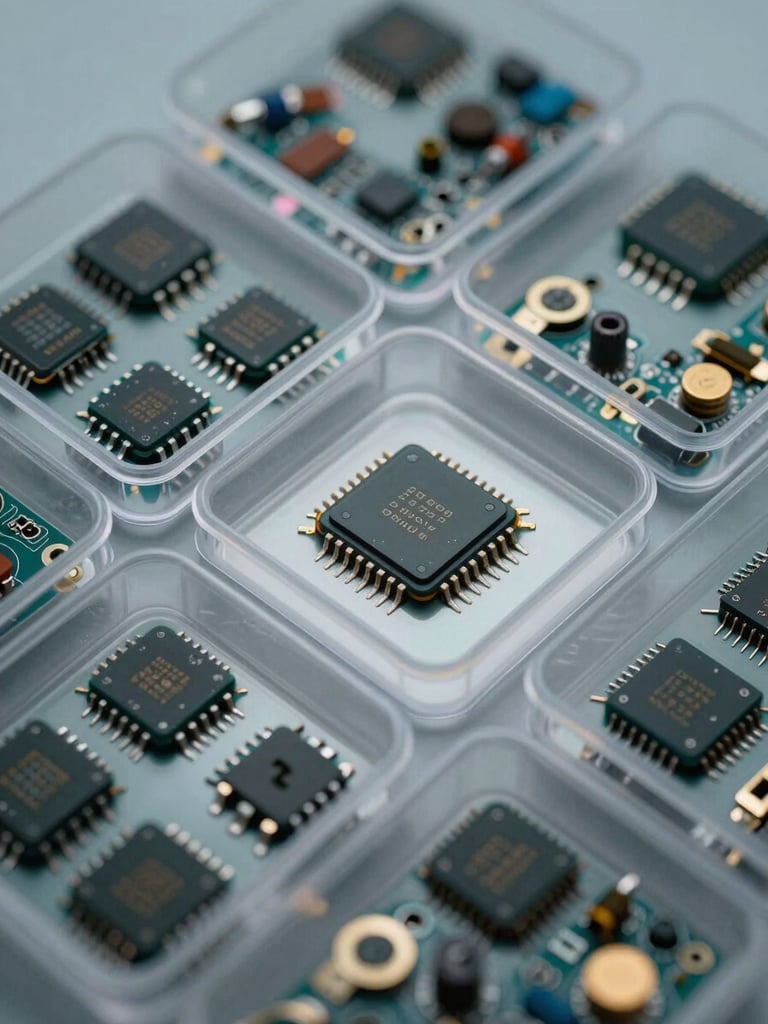 Macro flat-lay of neatly organized silicon microchips and electronic components in anti-static bins under cool studio lighting.