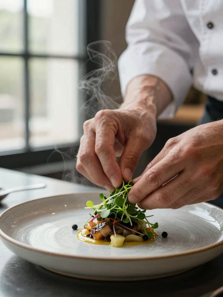 A chef's hands carefully plating a delicate microgreen garnish on a ceramic dish, steam rising, soft north-facing window light