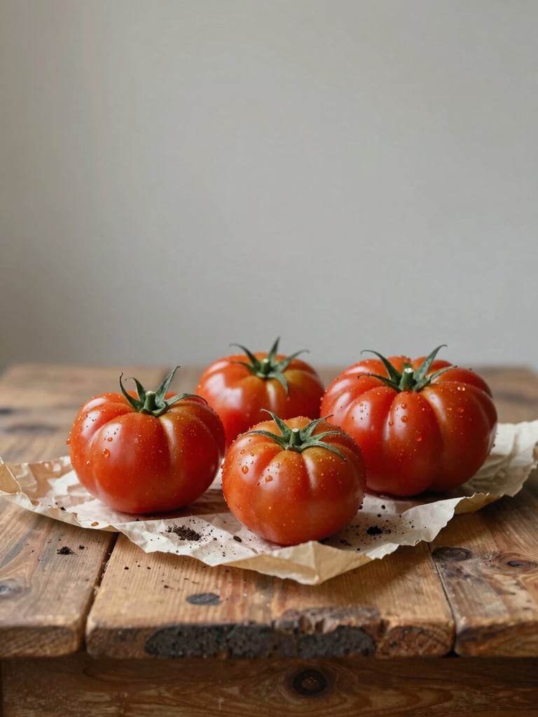 Vertical portrait framing, soft directional daylight. A rustic wooden table with freshly harvested heirloom tomatoes, soil dusting, and parchment paper, negative space above.