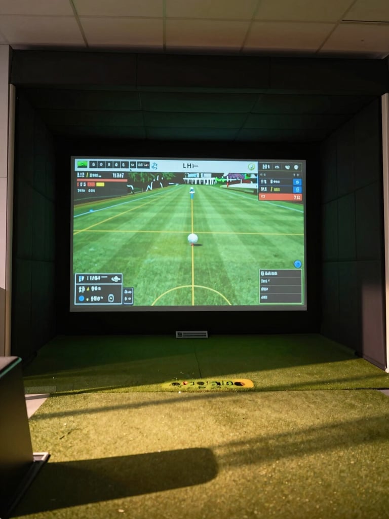 A sleek indoor golf simulator bay in Orange Park, high-tech launch monitor displaying ball flight data on a large screen, crisp lighting
