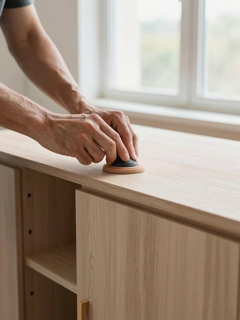 Close-up of a skilled carpenter's hands carefully sanding a natural wood cabinet, bright natural daylight, architectural photography style, warm neutral tones, 35mm lens, sharp focus.