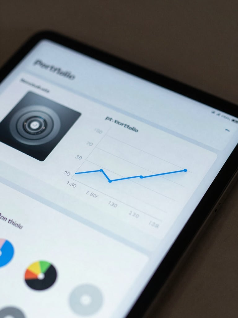 A close-up of a modern tablet screen displaying clean, non-gamified portfolio allocation charts with soft blue backlighting.