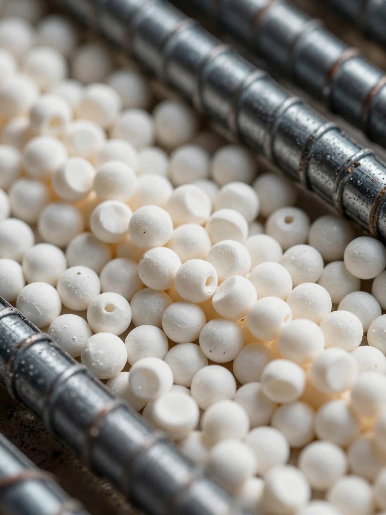 Close-up macro shot of raw polymer pellets and structured steel rebar textures under sharp natural daylight.