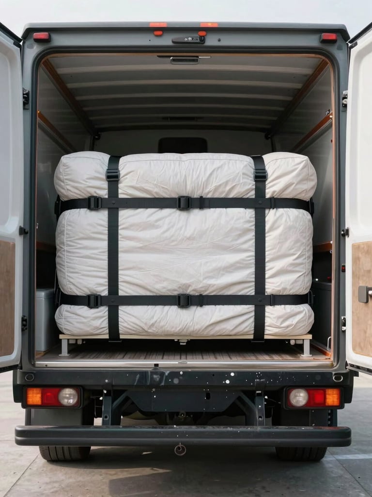Interior of a loaded moving truck in natural daylight from open rear doors, furniture secured with heavy-duty tie-down straps and moving blankets, metal load bars visible across width of cargo area, clean concrete floor