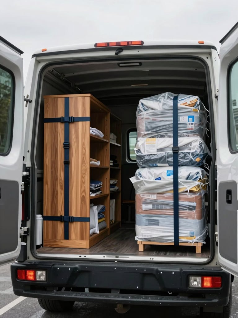 Interior of a packed moving truck, furniture wrapped in moving blankets stacked floor to ceiling, securing straps visible across wooden wardrobes, overcast daylight entering through the open rear doors