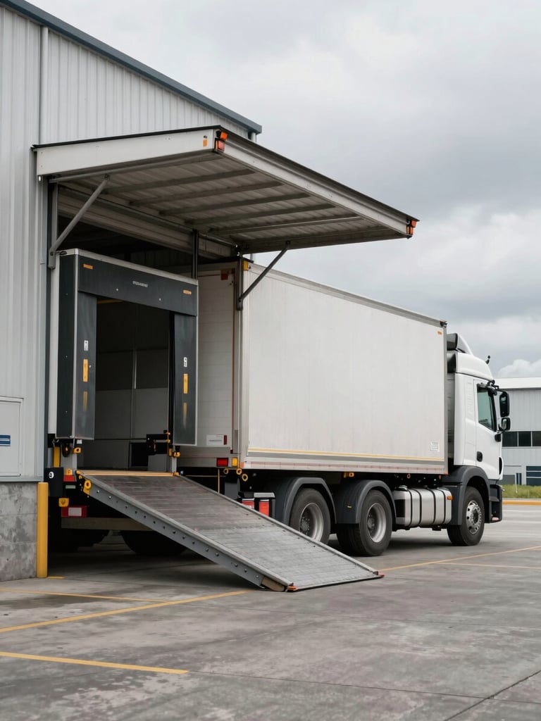 Environmental wide shot of a moving truck backed up to a loading dock at a warehouse entrance, ramp fully deployed, overcast natural daylight, grey concrete surroundings, no people visible, full scale of the truck and dock visible