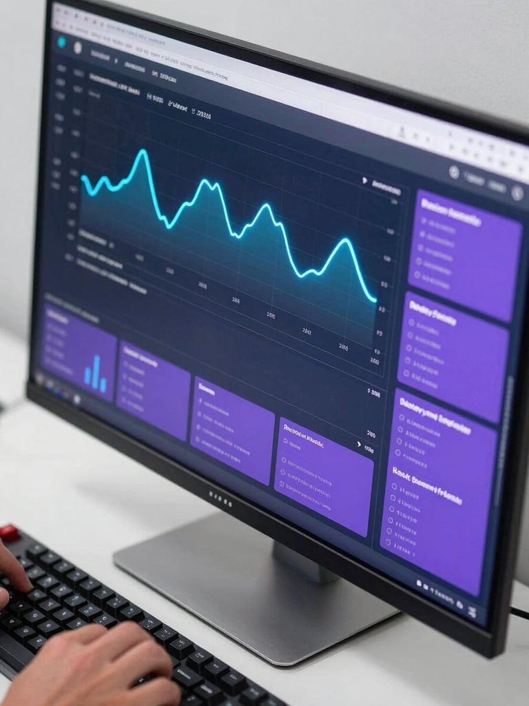 Close-up overhead shot of a marketing automation dashboard on a large monitor, neon-blue chart lines and purple metric cards visible on screen, Brazilian Portuguese labels, a hand resting on a mechanical keyboard to the lower-left corner, clean clinical studio lighting from above, sharp focus on the screen data