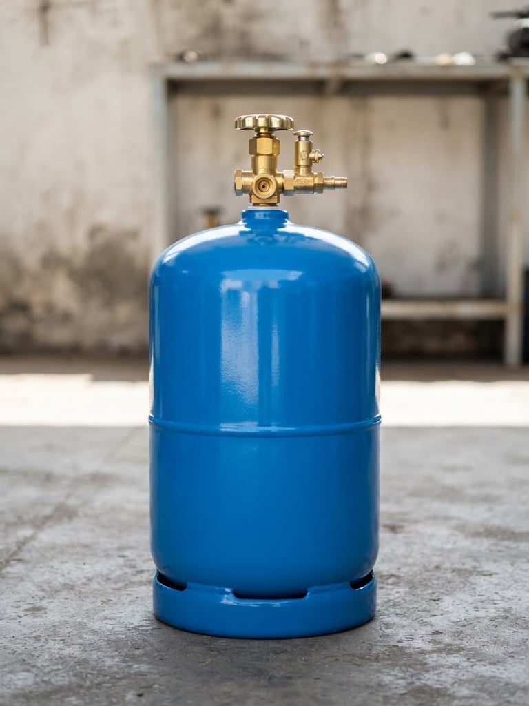 A brand new, clean blue LPG cylinder with a shining brass safety valve, shot straight-on under bright daylight, high contrast, 35mm lens