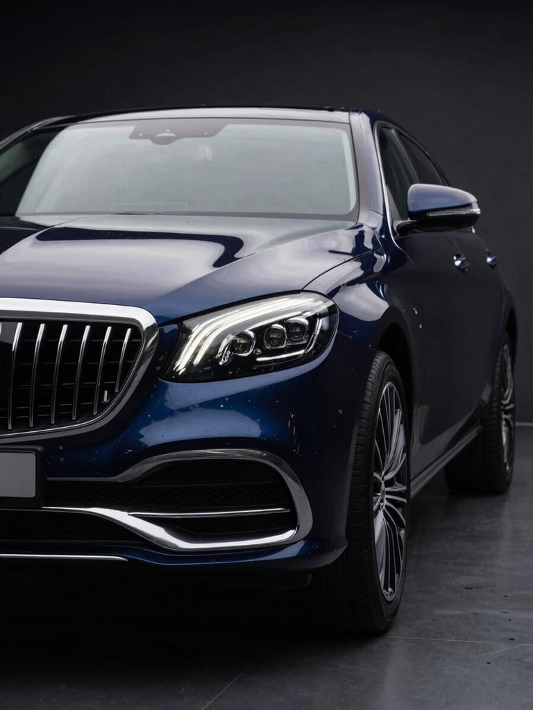 Low-angle heroic shot of a polished luxury sedan in our dark Jaipur studio, sharp linear highlights tracing the car's contours, liquid-like paint reflection, 35mm