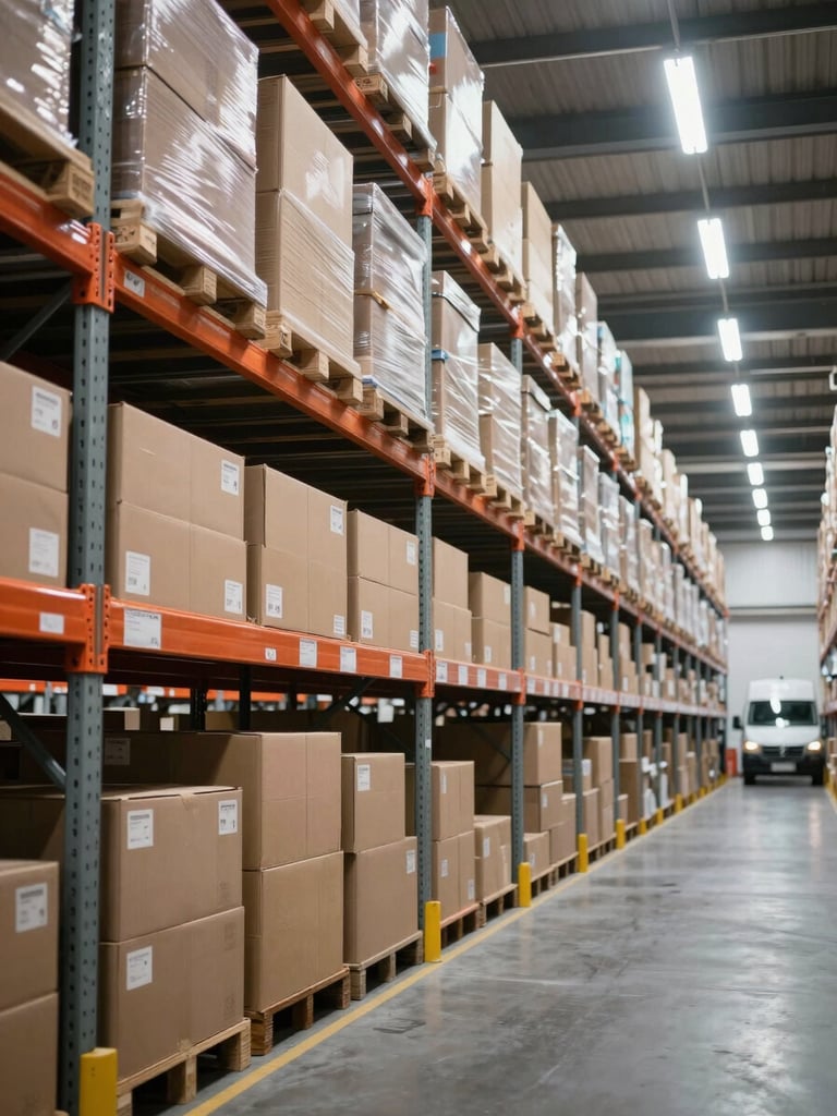 Wide panoramic view looking down a long warehouse aisle from the left edge, heavy steel shelving units loaded with sealed cardboard cargo boxes stretching toward a vanishing point on the right, cool overcast fluorescent task lighting casting flat even shadows, organized rows of labeled inventory in the foreground, no people visible