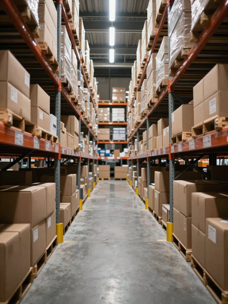 Wide shot looking down a long warehouse aisle, floor-to-ceiling steel shelving units loaded with uniform cardboard boxes on both sides, cool tungsten task lighting casting sharp parallel shadows, organized inventory receding into depth