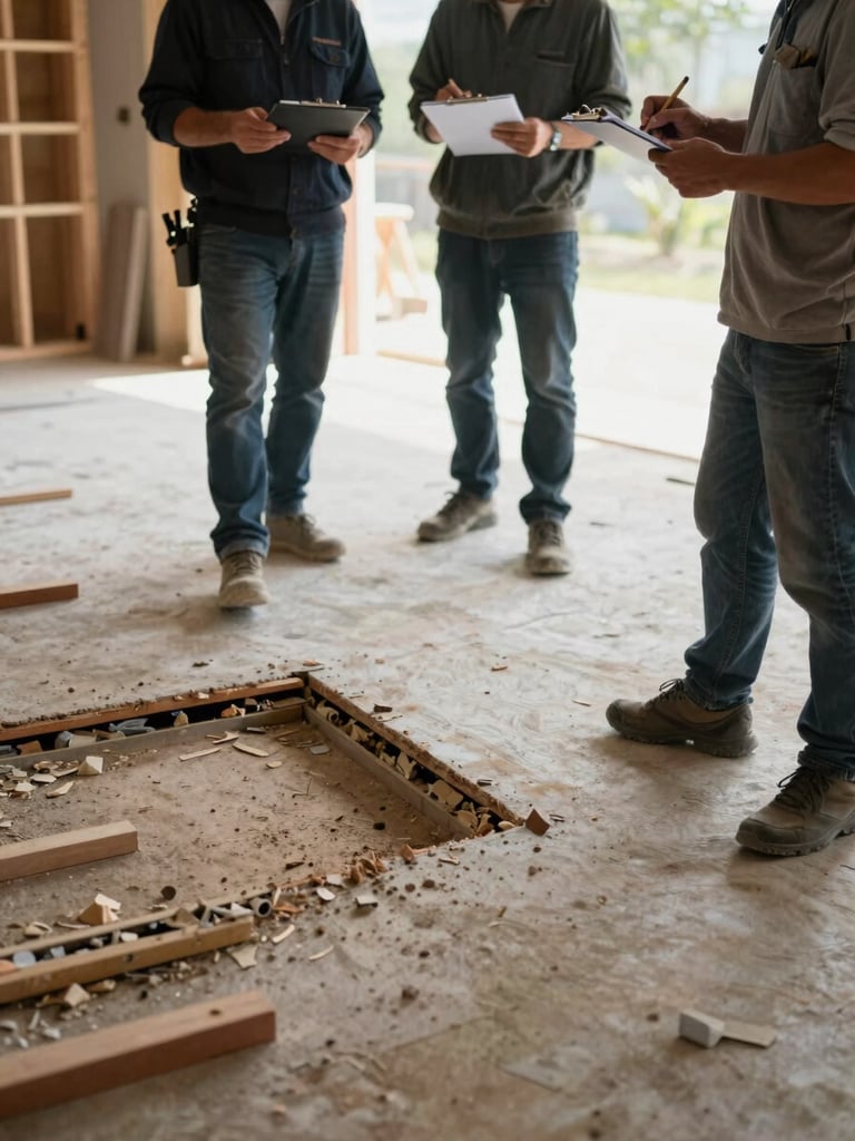 Wide environmental shot of a job site walkthrough, a crew member pointing to a damaged section of subfloor while a second worker takes notes on a clipboard, natural light from an open doorway illuminating the scene