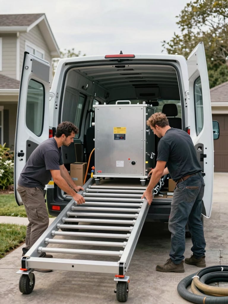 Wide shot of a restoration crew unloading industrial drying equipment from a work van at a residential driveway, natural daylight, tools and hoses visible mid-staging, purposeful motion