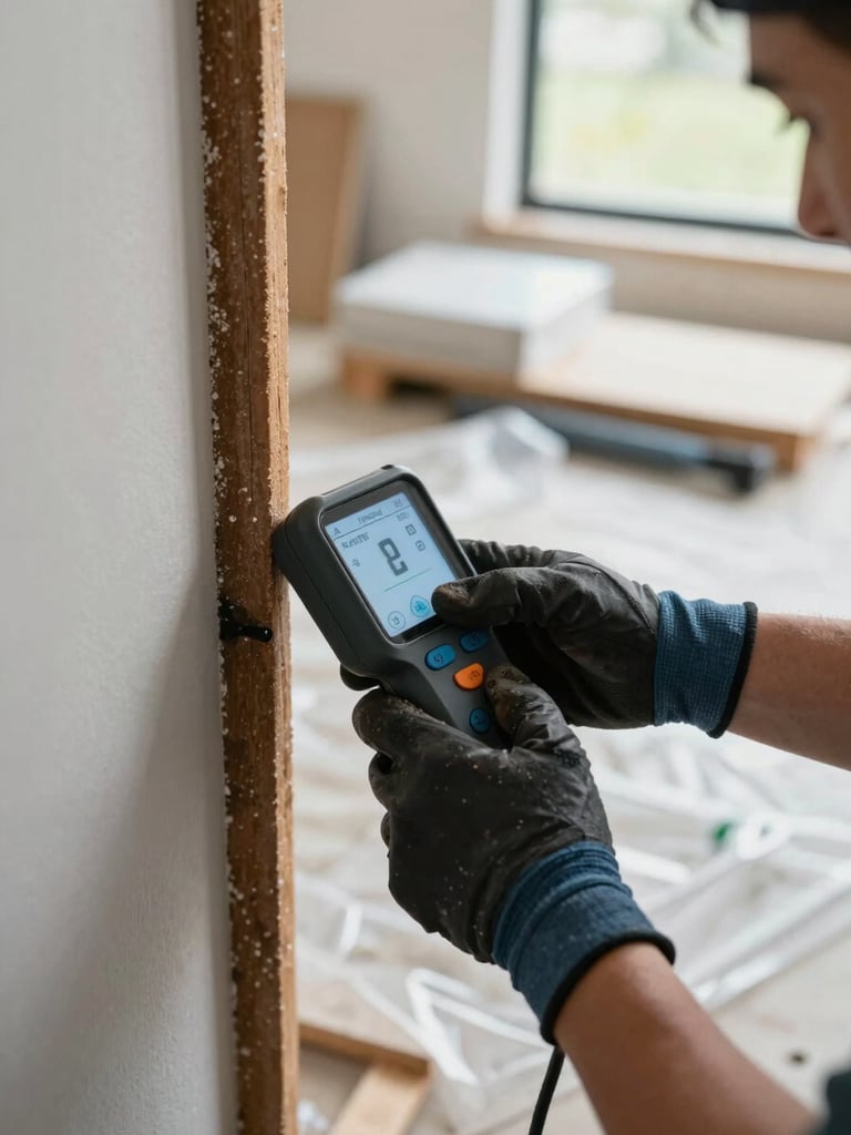 Close-up wide shot of a crew member's gloved hands pressing a moisture meter against a dark-stained wall stud, staging materials and plastic sheeting blurred in the background, natural daylight from a nearby window