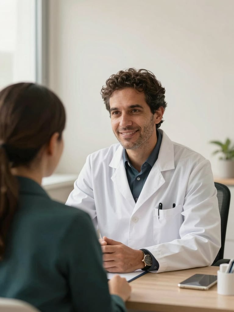 Retrato profesional del Dr. Ariel Arias en consulta, escuchando activamente a un paciente, con luz natural mediterránea suave. El encuadre es un plano medio con profundidad de campo suave, evitando poses forzadas.