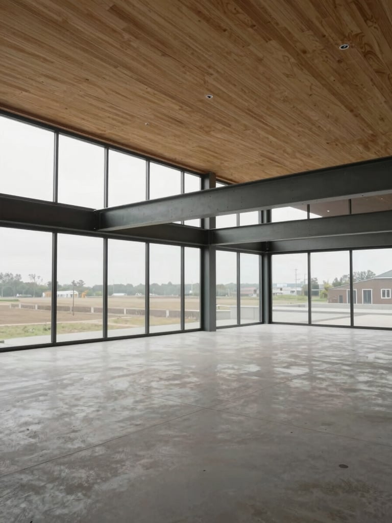 Wide architectural interior of a 61 square meter modular unit, overcast diffuse light through high clerestory windows, raw uncoated plywood ceiling and concrete floor, open-plan space with structural steel beam exposed, empty room showing generous proportion and volume, no furnishings or decoration